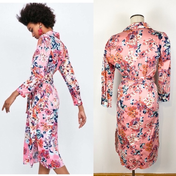 Zara SS18 Pink Floral Print Belted Shirt Midi Dress Size XS Button Tie Waist - Picture 2 of 16